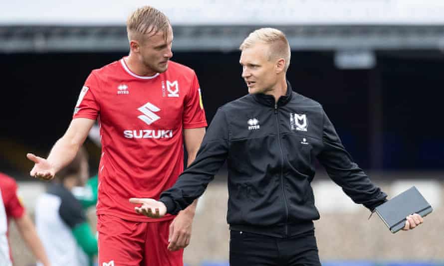 MK Dons’ Liam Manning: ‘I remember having a kickabout on the M25 once’ | MK Dons 3 Liam Manning with the centre-back Harry Darling, one of MK Dons’ outstanding players this season.