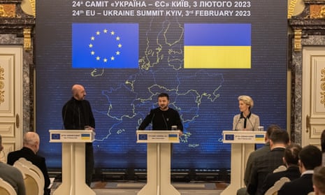 Ukrainian President Volodymyr Zelenskiy with President of the European Commission Ursula von der Leyen and President of the European Council Charles Michel in Kyiv, Ukraine.
