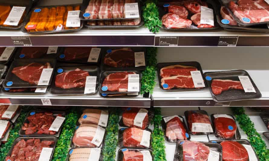 Meat fridge with steak, beef and pork in supermaket, East Sussex