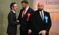 The Conservative candidate David Jones (right) looks on as Labour’s victor in Blackpool, Chris Webb, speaks to the acting returning officer.