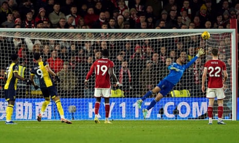Bournemouth's Dominic Solanke scores their third goal to complete his hat-trick at Nottingham Forest.
