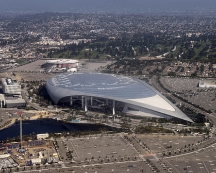 An aerial shot of SoFi Stadium’s teardrop-shaped roof.