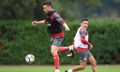 Laurent Koscielny, left, and Alexis Sánchez train this week and both players are available for the first time this season for Arsenal’s game at Liverpool on Sunday.