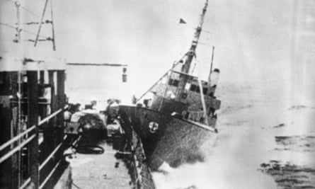 A Royal Navy frigate collides with the Icelandic gunboat Thor in 1976