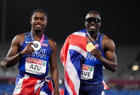 Romell Glave of Great Britain (right) celebrates winning gold and Jeremiah Azu of Great Britain celebrates winning silver following the men's 100m final.