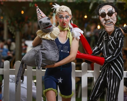 Lachlan Werner with his WonderTwunk puppets Slippy the Seal and Brad News