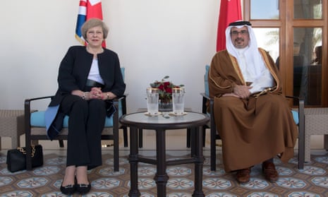 Theresa May is greeted by Prince Salman bin Hamad bin Isa Al Khalifa, the Crown Prince of Bahrain, during a bilateral meeting at the UK villa in Manama, Bahrain.