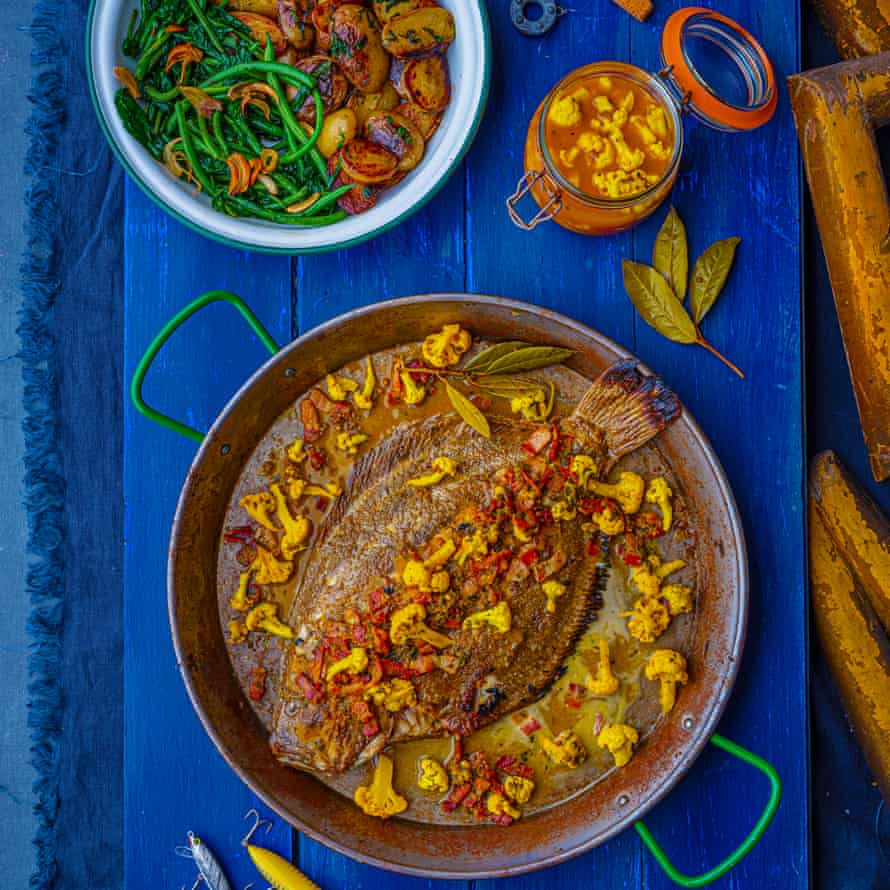 Steáfan McCarry’s whole plaice with pancetta, baby potatoes, beans, gremolata and cauliflower pickle.