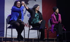 Rashida Tlaib, left, appears with Pramila Jayapal and Ilhan Omar in Clive, Iowa.
