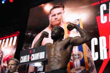 Terence Crawford poses connected nan standard during Friday’s ceremonial weigh-in.
