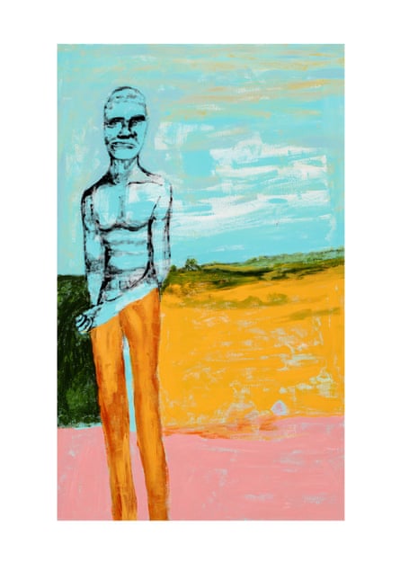 Painting of a translucent figure in a landscape: a topless man whose head and torso are the same bright blue as the sky, and whose pants are a similar orange shade to the background behind. The lower third of the painting is pink.