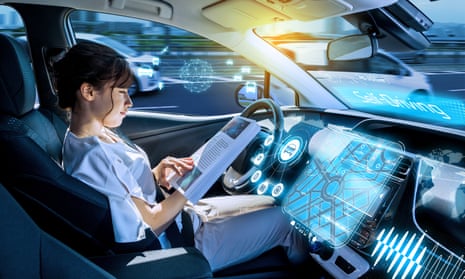 young woman reading a magazine in a self-driving car.
