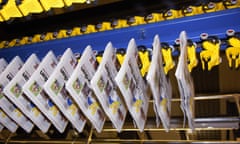 Dummy editions of newspapers hot off the press. The new Guardian Berliner format printing presses, in the new Guardian Print Centre in Stratford, east London. Note - old masthead, pre-redesign