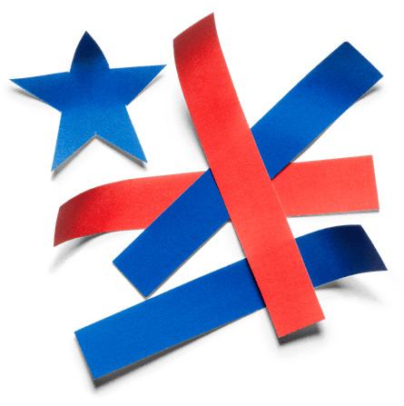 A blue paper star and crossing red and blue ribbon strips on a white background