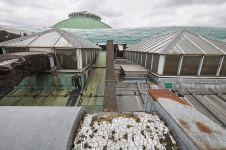 The roof of the museum in varied stages of dilapidation.