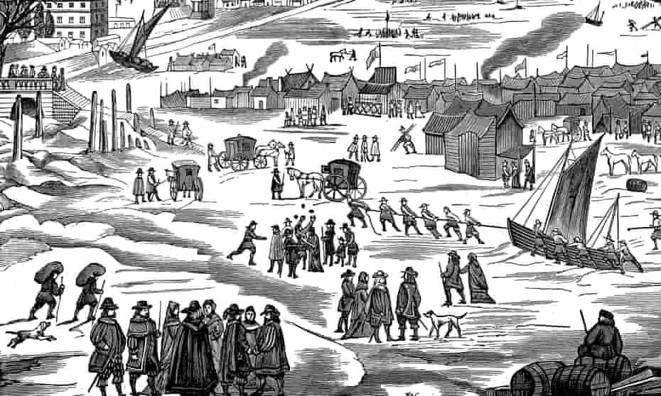 A depiction of a frost fair on the Thames in London during the 17th century.