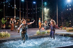 Naomi Dawson’s vibrant design for Shakespeare’s As You Like It in 2018 featured a watery pool and evoked the Forest of Arden in the theatre’s leafy backdrop