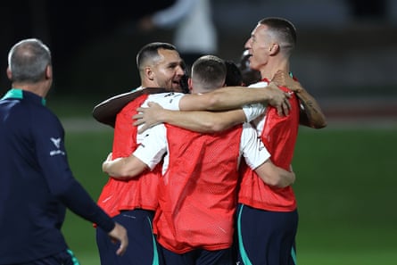 Australian players during training on the eve of their big game against Denmark.