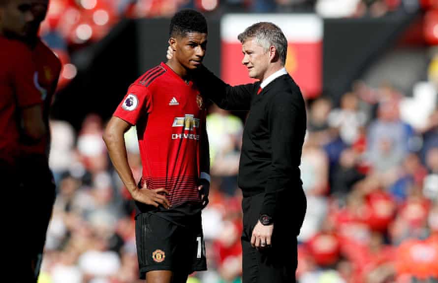 Marcus Rashford with Manchester United manager Ole Gunnar Solskjaer (right) after the final whistle during the Premier League match v Cardiff City at Old Trafford, Manchester, May 2019