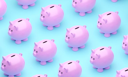 Many cute piggy banks on blue background