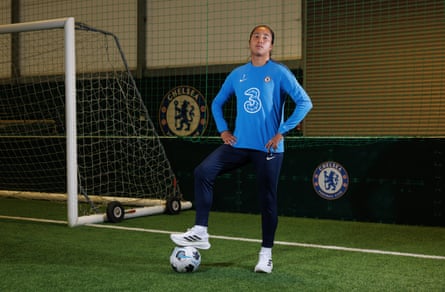 Chelsea’s Mayra Ramírez with a football at her feet on a training pitch.