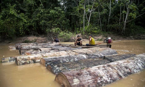 Ashaninka men, identified by locals as illegal loggers, tie tree trunks together to move them along the Putaya River. Authorities in Peru said they have charged five men in the timber industry with homicide in the deaths of indigenous activists.