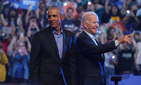 Barack Obama and Joe Biden at a rally in Philadelphia on 5 November. 