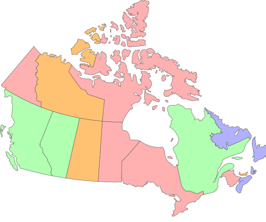 Green indicates that the province’s own carbon pricing system meets the federal standards. Purple and orange indicate a province’s planned or proposed carbon pricing will meet the federal standards, respectively. Red indicates that the federal carbon pricing will apply to the province.