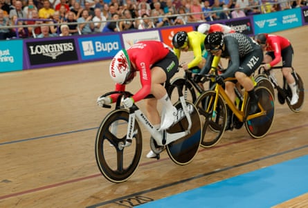 Emma Finucane of Wales sprints down the home straight to win the women’s keirin final.