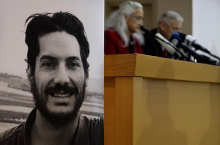 Marc and Debra Tice, the parents of Austin (seen in the portrait to the left), speak at a press conference in Beirut, 2020. Marc and Debra Tice, the parents of Austin (seen in the portrait to the left), speak at a press conference in Beirut, 2020.