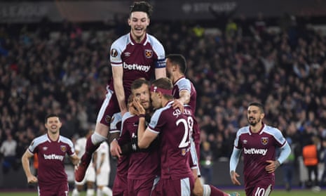 Andriy Yarmolenko (bottom centre) is mobbed by his teammates after scoring the goal that sealed one of West Ham’s greatest ever victories.