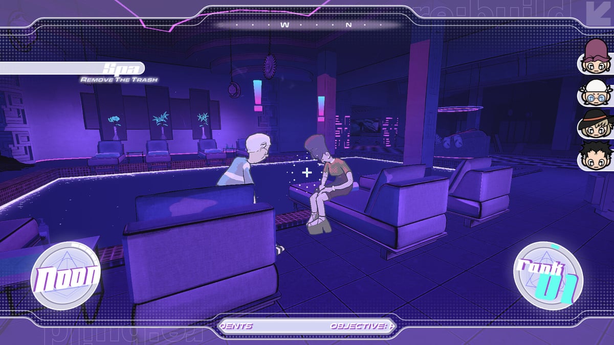 Screenshot of an animated game with two characters in a windowless hotel pool room