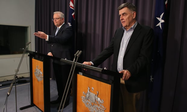Prime minister Scott Morrison and the chief medical officer, Brendan Murphy, at a press conference in Parliament House Canberra, 22 March 2020.