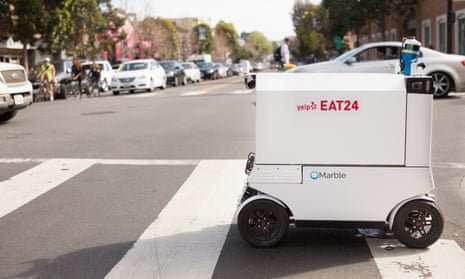 A Yelp Eat24 delivery robot. Pedestrians have tired of sharing the sidewalk with machines in San Francisco.