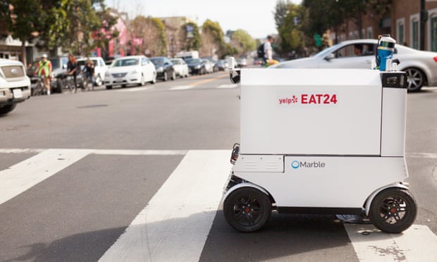 Robots will soon begin making deliveries for Yelp Eat24 in San Francisco. The robots have cameras and locking features to prevent theft.