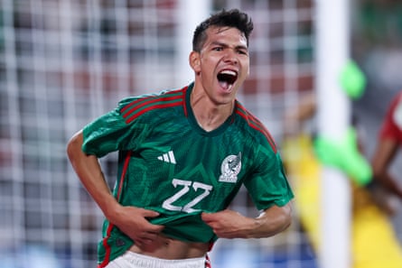 Hirving Lozano celebrates after scoring for Mexico against Peru.