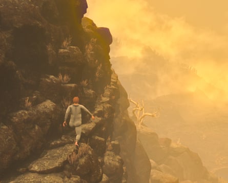 A picture of a character in the game Baby Steps walking along a rocky trail on the side of a mountain