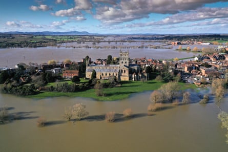 Tewkesbury Abbey in Gloucestershire surrounded by floodwater in February this year.