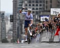 Brandon McNulty celebrates as he approaches the finish line in Montreal.