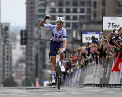 Brandon McNulty celebrates as he approaches the finish line in Montreal.