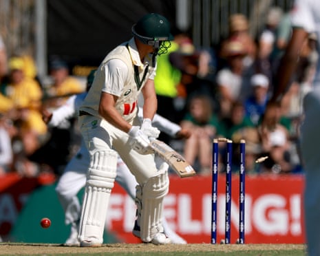 Marnus Labuschagne is bowled during day one of the second Test between Australia and Bangladesh