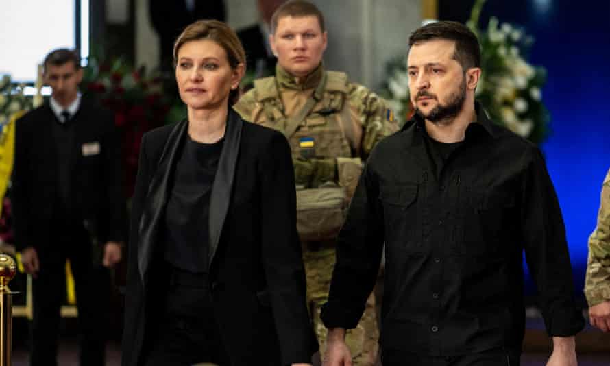 Ukraine’s President Volodymyr Zelenskiy and his wife Olena Zelenska attend the funeral ceremony of the first president of Ukraine Leonid Kravchuk, in Kyiv, Ukraine.