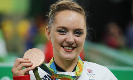 Amy Tinkler celebrates with her bronze medal at the Rio Olympics.