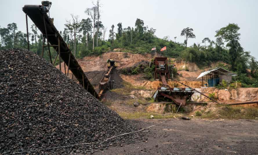 A conveyor belt feeding a pile of ore comes out of cleared jungle