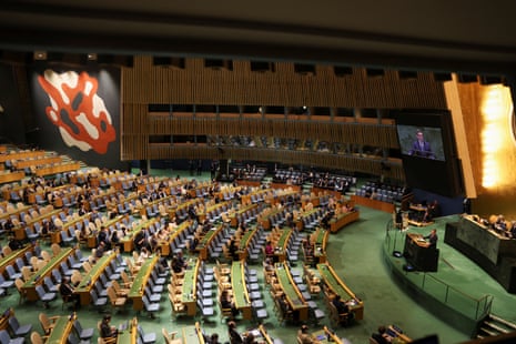 Andy Burnham giving his speech at the UN general assembly.