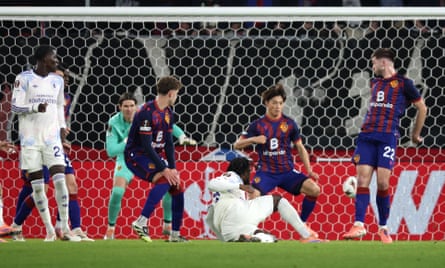 Evann Guessand controls a miscued clearance and fire the ball past the Basel goalkeeper to put Aston Villa in front in the 12th minute.