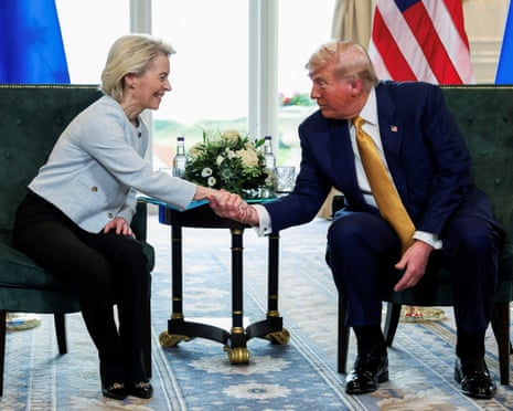 US president Donald Trump shakes hands with European Commission president Ursula von der Leyen, in Turnberry, Scotland, Britain.