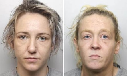 Closeup police photos of the two women, who both have blond hair and pale skin; the older woman, 45, has a defiant-looking expression while the younger woman, 36, looks sadder.