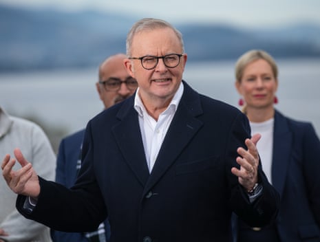 Anthony Albanese speaks to reporters in Hobart on Sunday