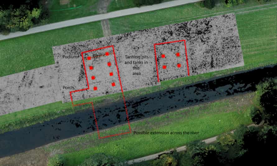 Radar image highlighting the two substantial buildings found by the bank of the River Skell
